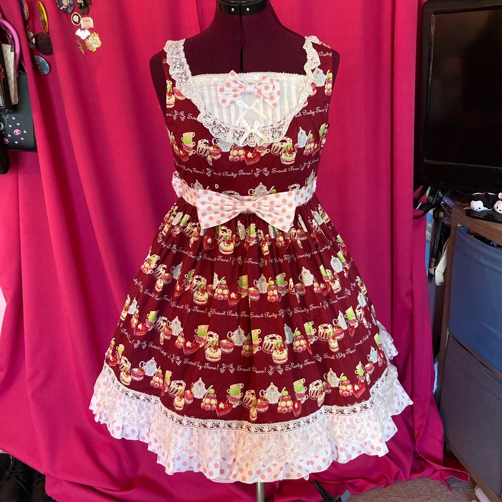 Lolita Cute Red Tea Party Dessert Cake Print JSK Dress Kawaii Japanese Fashion